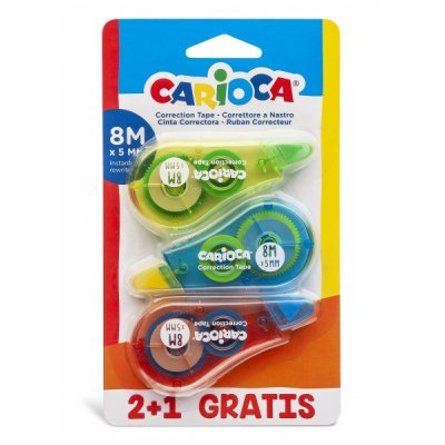 Pack Carioca Corrector de Cinta 2+1 - Cubriente - Se Puede Volver a Escribir Enseguida - Ideal para Cualquier Tipo de Papel - Color Varios