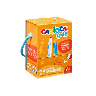 Carioca Baby Caja Rigida con 24 Rotuladores - Punta Redonda y Bloqueada para la Maxima Seguridad - Superlavables - Dermatologicamente Testados - Colores Surtidos