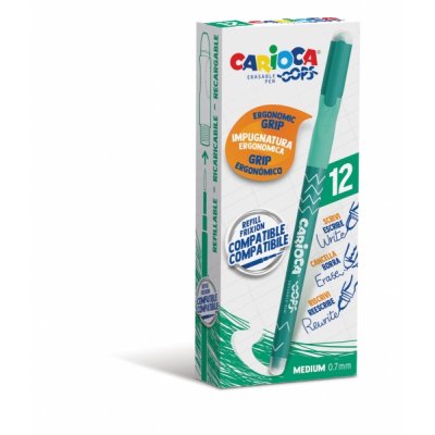 Carioca Oops Boligrafo Borrable - Tinta Termo Sensible - Empuñadura Ergonomica Triangular - Punta de Ø 0.7mm - Doble Goma - Recambios Compatibles - Color Verde