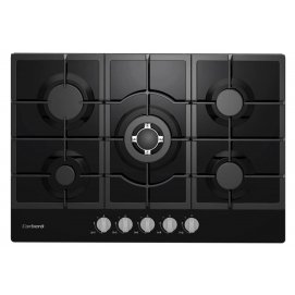 Placa de gas butano y natural corberó CPCGM5F5021N, 5 zonas, 75 x 52 cm, parrilla hierro fundido, Wok, Cristal negro