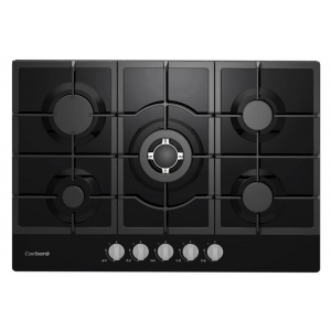 Placa de gas butano corberó CPCGM5F5021N, 5 zonas, 75 x 52 cm, parrilla hierro fundido, Wok, Cristal negro