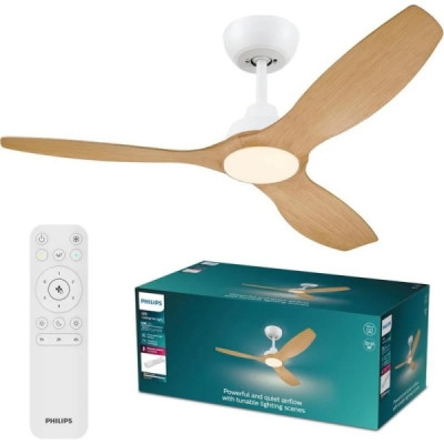 Ventilador de Techo Philips Olas Fan - LED 6500K | Aspas Fijas | 35W+24W | Mando a Distancia | Blanco y Madera