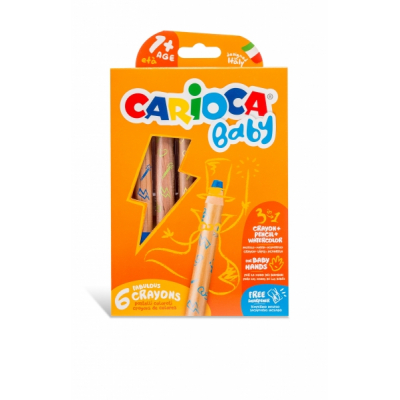Carioca Baby 1+ 3In1 Pack de 6 Lapices - Lapiz Cera y Acuarela en Uno - Cuerpo Extragrande - Acuarelables - Sacapuntas Incluido - Colores Brillantes y Lavables - Color Varios
