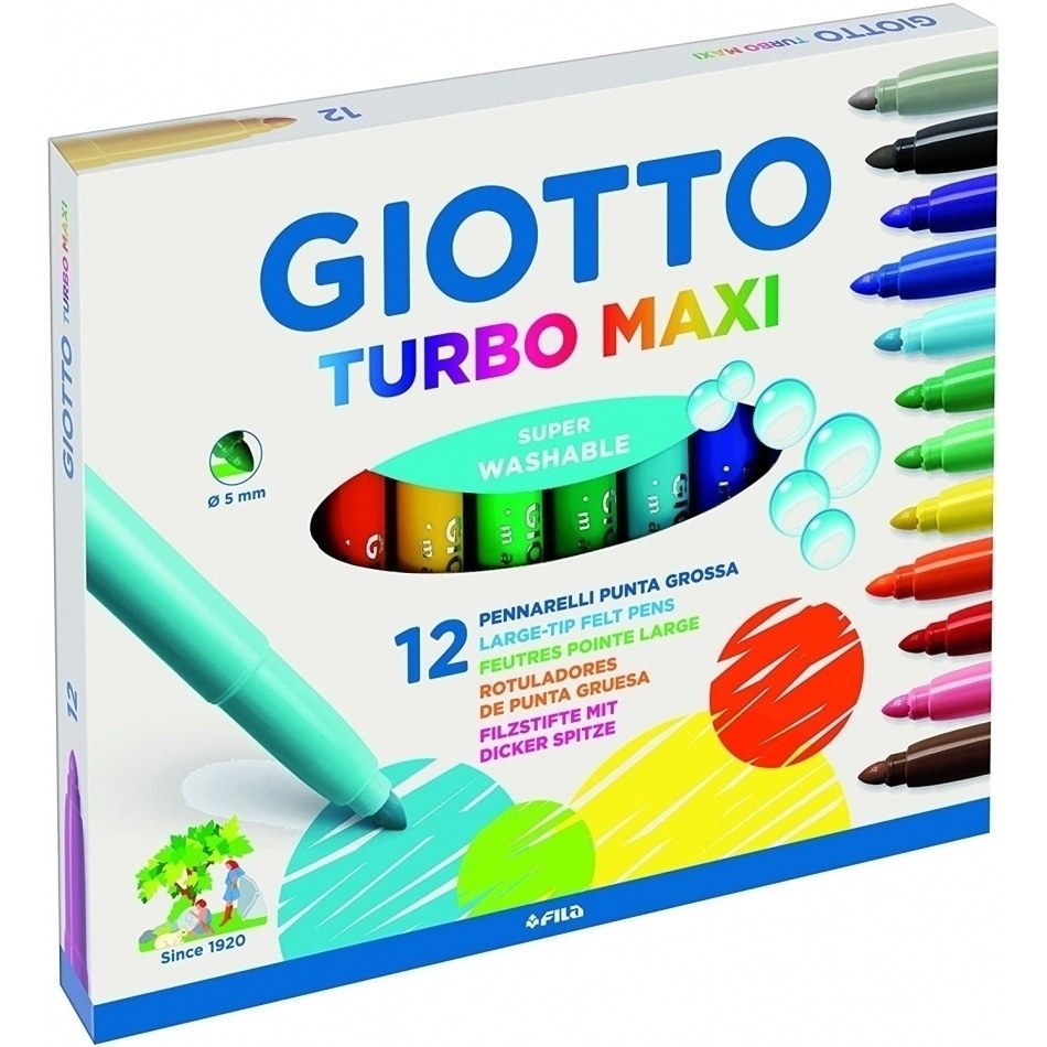 Giotto Turbo Maxi Pack de 12 Rotuladores - Punta Gruesa 5mm - Tinta al Agua - Lavable - Colores Surtidos