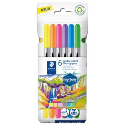 Staedtler 3200 Pack de 6 Rotuladores de Doble Punta - Resistente a la Presion - Colores Neon Surtidos