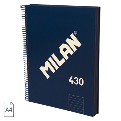 Milan 430 Since 1918 Cuaderno A4 con Espiral - Papel a Lineas de 7mm - 120 Hojas de 95g - Tapa Dura - Color Azul