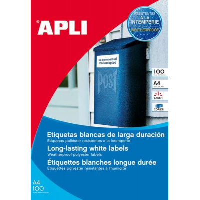 Apli Pack de 100 Etiquetas Resistentes Intemperie 210 x 297mm - Poliester con Acabado Mate - Cantos Rectos - Color Blanco