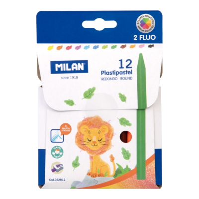Milan Plastipastel Pack de 12 Ceras de Colores Redondas - Contiene 2 Ceras Fluo - Colores Surtidos