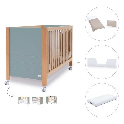 Cuna-cama-sofá madera/eucalipto (4en1) 60x120 cm + colchón + textil Arena · Ombra