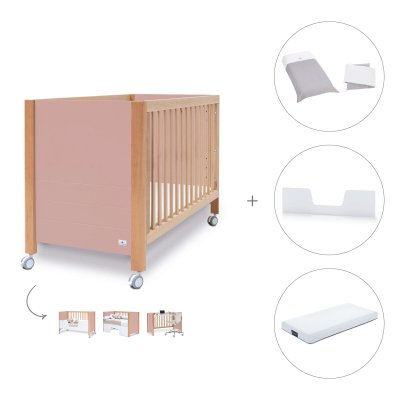 Cuna-cama-sofá madera/rosa (4en1) 60x120 cm + colchón + textil Carezza · Ombra