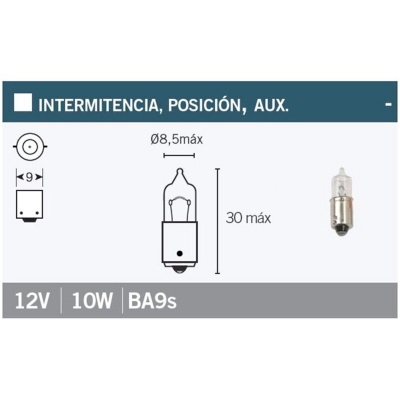 Caja de 10 lámparas bayoneta 9 mm 12Vx10W. Blanca G-012A