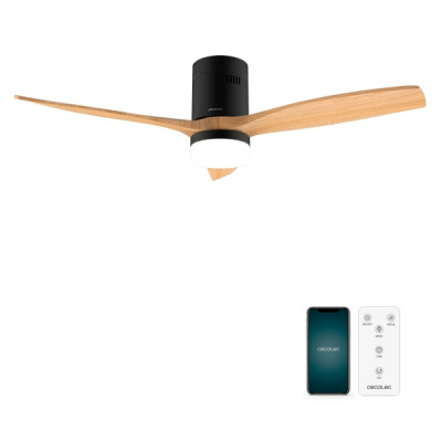 Cecotec EnergySilence Aero 5600 Aqua Black and WhiteWood Connected Ventilador de Techo con 3 Aspas y Luz LED - 40W - Diametro 52 - WiFi - Proteccion IP44 - Temporizador - 6 Velocidades - Color Negro