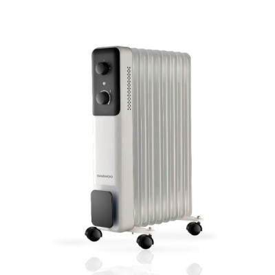 Daewoo DW9506 Radiador de Aceite - Potencia 2000W - 9 Elementos - Termostato Regulable - Ruedas - Asa de Transporte - Funcionamiento Automatico - Color Blanco y Negro