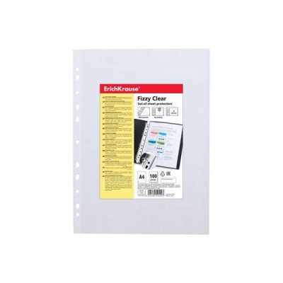 Erichkrause Fizzy Clear Pack de 100 Fundas Multitaladro A4 30mic - 11 Taladros - Acabado Rugoso - Transparente