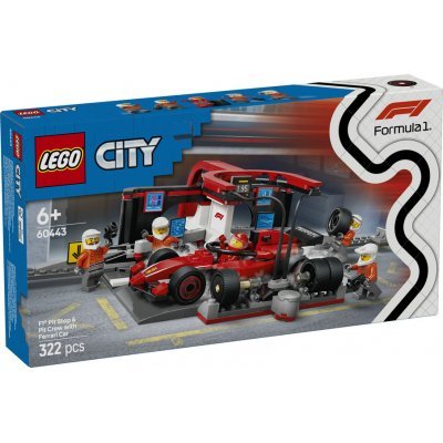 Lego city formula 1 parada en boxes y equipo de mecánicos con coche ferrari