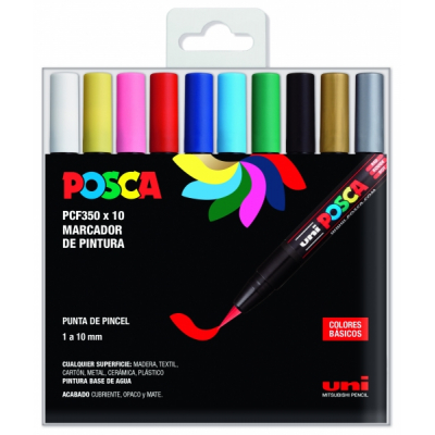 Posca PCF-350/10C Estuche de 10 Marcadores de Pintura Base al Agua - Punta Acrilica Estilo Pincel - No Permanente - Resistente a la Luz - Inodoro - Ideal para Carteleria y Decoracion - Color Surtido