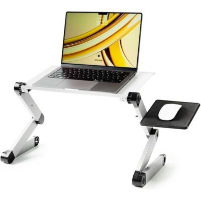 Innovagoods Omnible Mesa Ajustable Multiposicion para Portatil de Aluminio - Plegable - Soporta hasta 15kg - Bandeja para Raton - Rotable 360º - Multifuncion - 49x53x26cm - Color Gris