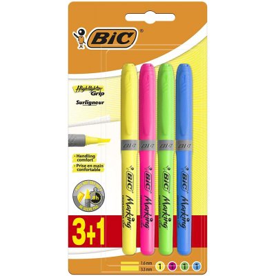 Bic Highlighter Grip Pack de 4 Marcadores Fluorescentes - Tinta con Base de Agua - Punta Biselada - Trazo entre 1.60 y 3.30mm - Colores Surtidos