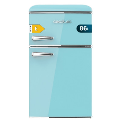 Cecotec Bolero CoolMarket 2D Origin 86 Blue E Mini Frigorifico de Dos Puertas de 86L - Luz LED - Estilo Retro - Tirador Cromado - Cajon para Vegetales - 48.7x59.2x89.3cm - Color Turquesa