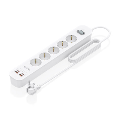 AISENS - REGLETA DE ENCHUFES MULTIFUNCION CON 5 TOMAS + CARGADOR PD3.0 20W 2xUSB-C, 2xUSB-A, 1.4M, BLANCO