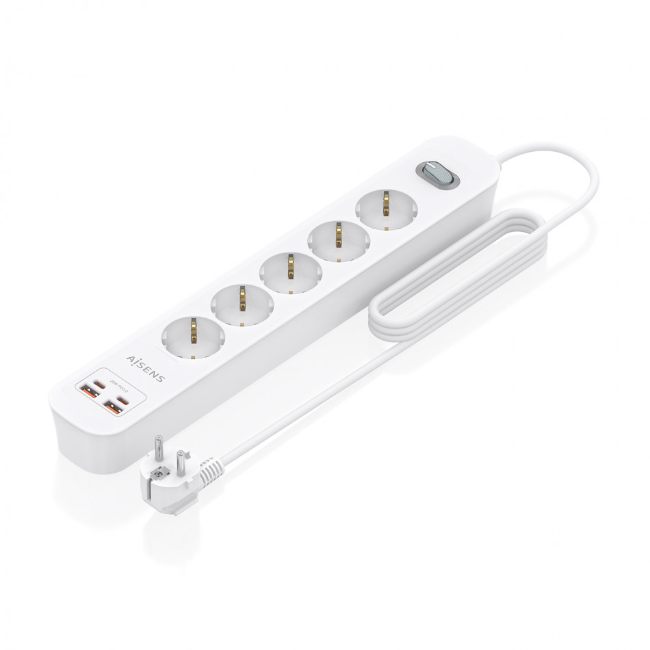 AISENS - REGLETA DE ENCHUFES MULTIFUNCION CON 5 TOMAS + CARGADOR PD3.0 20W 2xUSB-C, 2xUSB-A, 1.4M, BLANCO