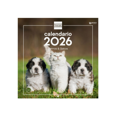 Finocam Calendario de Pared - Anual 2026 - Imagenes Variadas - 300x300mm - Espacio para Escribir - Tematica de Perros y Gatos