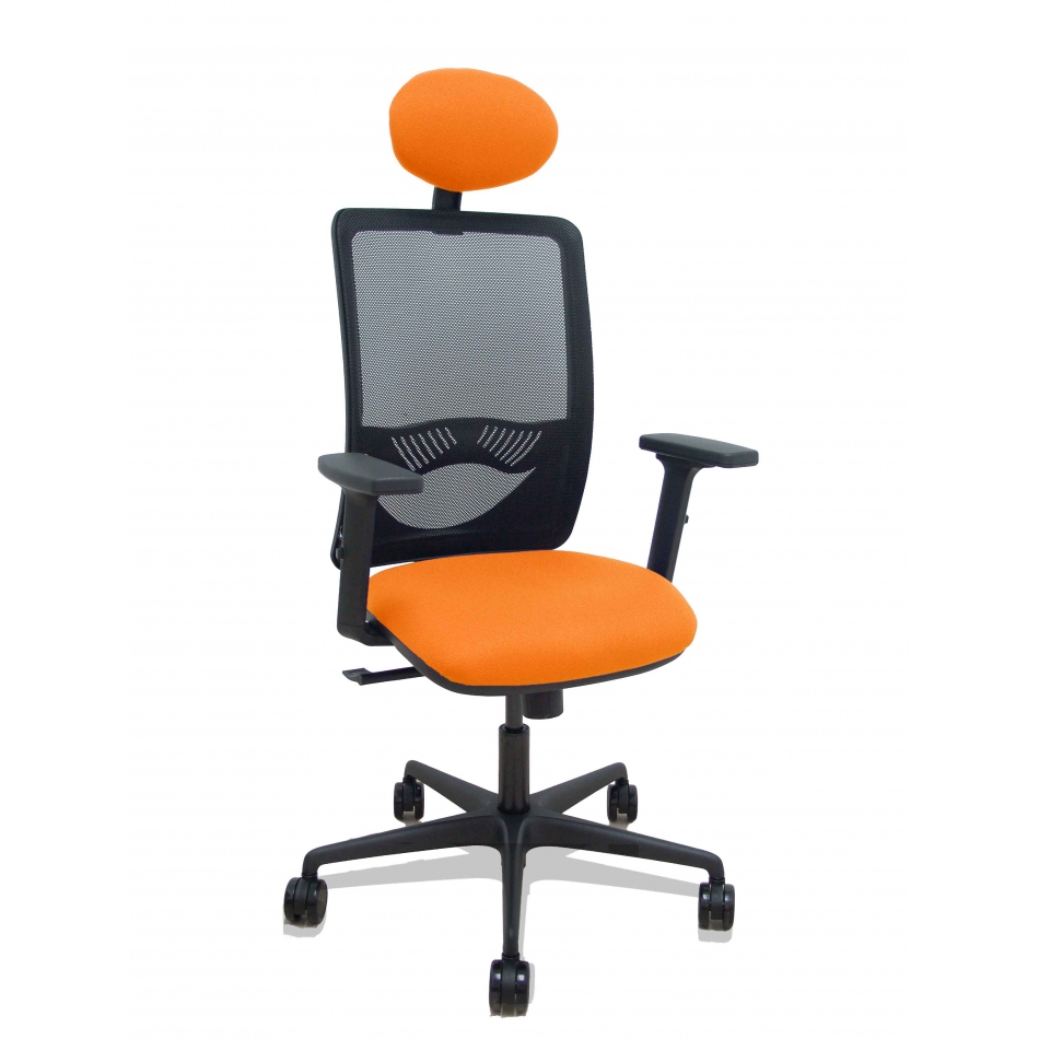 Silla Zulema sincro malla negra asiento bali naranja brazos 2D ruedas 65mm cabecero