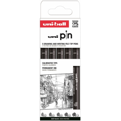 Uni-ball Uni Pin Clasico II Pack de 5 de Rotuladores Calibrados 0.2, 0.4, 0.6, 0.8 y 1.0 - Punta Poliacetal - Tinta Pigmentada Resistente al Agua y Luz - Color Negro