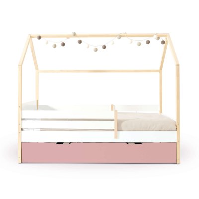 Cama-casita Montessori 90x200 cm madera con nido rosa · Sogni XL