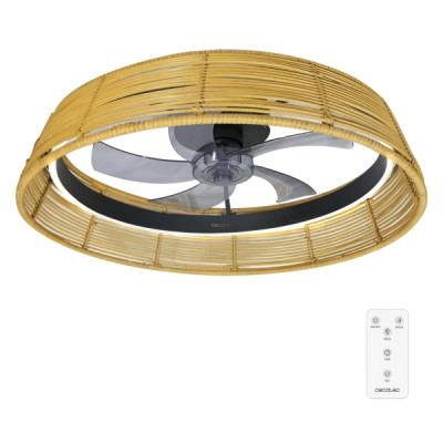 Cecotec EnergySilence LampAero 600 Natural Design Ventilador de Techo con 5 Aspas y Luz - 20W - Tulipa de Mimbre - 3 Tonos LED - Temporizador - 6 Velocidades - Modo Invierno - Color Madera Claro