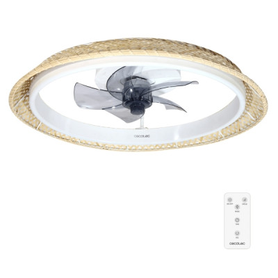 Cecotec EnergySilence LampAero 620 Natural Design Ventilador de Techo con 5 Aspas y Luz - 20W - Tulipa de Mimbre - 3 Tonos LED - Temporizador - 6 Velocidades - Modo Invierno - Color Madera Claro