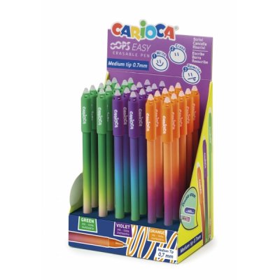 Pack Carioca Oops Easy Expositor de 30 Boligrafos Borrables - Tinta Termo Sensible - Cuerpo con Efecto Degradado - Punta de Ø 0.7mm - Doble Goma - Color Varios
