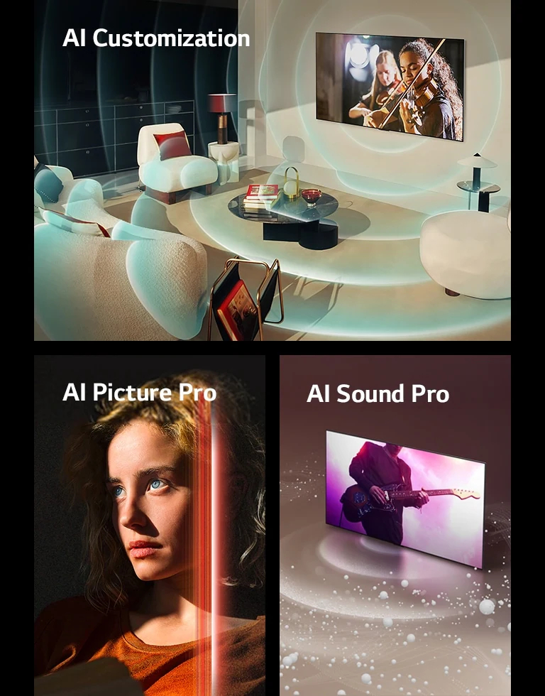 LG OLED en un salón moderno que muestra una actuación musical en pantalla. Unas ondas circulares azules que representan la personalización rodean el televisor y el espacio. Una mujer con penetrantes ojos azules y un top naranja quemado en un espacio oscuro. Unas líneas rojas que representan los refinamientos de la IA cubren parte de su rostro, que es brillante y detallado, mientras que el resto de la imagen parece apagada. LG OLED TV mientras burbujas de sonido y ondas salen de la pantalla y llenan el espacio.