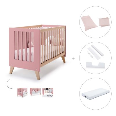 Cuna-cama colecho (4en1) 60x120 cm madera/rosa + colchón + textil Cremarosa · Nexor