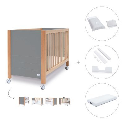 Cuna colecho madera/antracita (5en1) 60x120 cm + colchón + textil Galaxy · Ombra