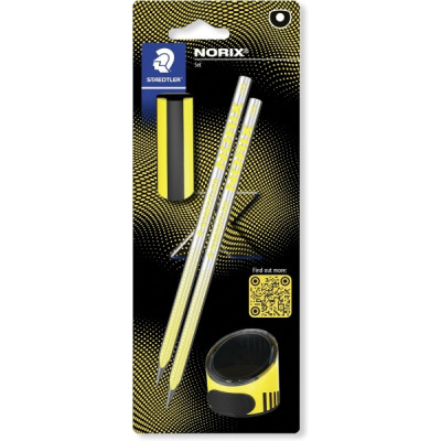 Staedtler Norix Pack de 2 Lapices de Grafito HB + Borrador + Sacapuntas - Madera Negra - Diseño Inteligente