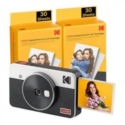 Kodak Mini Shot 2 Retro Pack de Camara Digital Instantanea Bluetooth + 60 Hojas de Papel Fotografico 5.3x8.6cm - Pantalla LCD 1.7 - Flash Integrado - Espejo para Selfies - Color Blanco/Negro