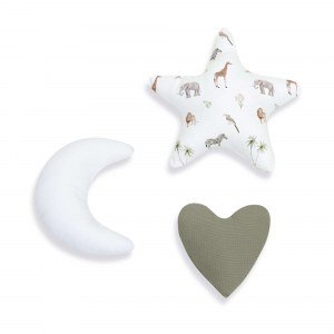 Set 3 cojines infantiles (luna, estrella, corazón) estampado jungla · 693-147 Natura