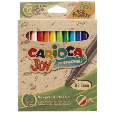 Carioca Joy Eco Family Pack de 12 Rotuladores Punta Fina 2.8mm Bloqueada - Tinta Superlavable - Capuchon Ventilado - Colores Surtidos
