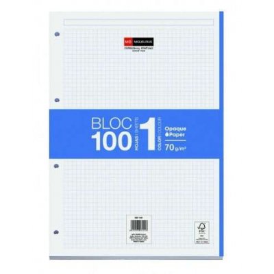 Miquel Rius Bloc1 Bloc Encolado Formato A4 - 100 Hojas de 70gr con 4 Taladros - Banda de las Hojas Azul - Base de Carton - Cuadricula 5x5