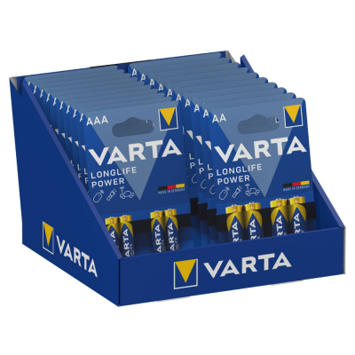 Expositor de carton de sobremesa de pilas varta long life 10 blisters 4xaaa lr03 +10 blisters 4xaa lr06 varta 27x18x17cm