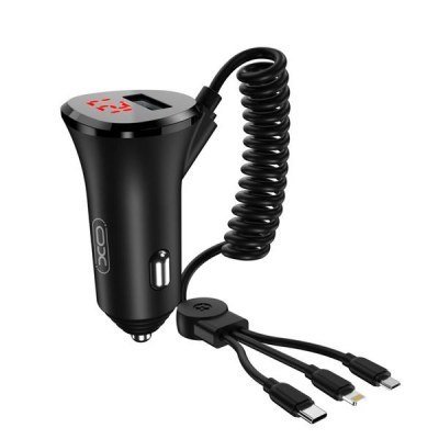 XO CC36 Cargador de Coche 4 en 1 - Carga hasta 4 Dispositivos Simultaneamente - Pantalla LED - Entrada USB y Salidas USB-C, MicroUSB y Lightning
