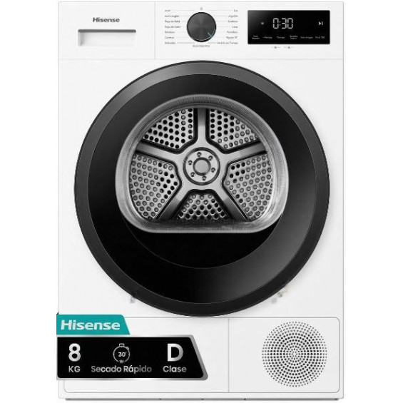 Secadora con bomba de calor Hisense DH1I800UWDE, 8 kg, clase D, 119 kWh/100 ciclos, 64 dB, secado rápido 30 min, blanco