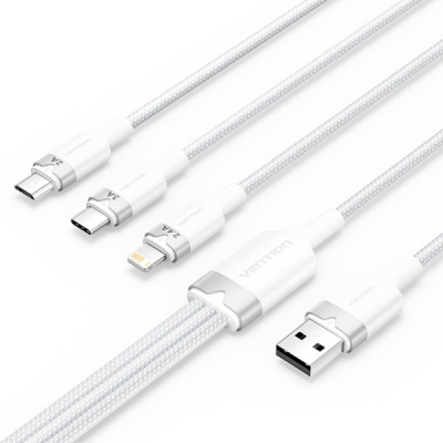 Vention Cable USB-A 2.0 a USB-C, Lightning, Micro-B 3A - 1.5m - Trenzado - Color Blanco