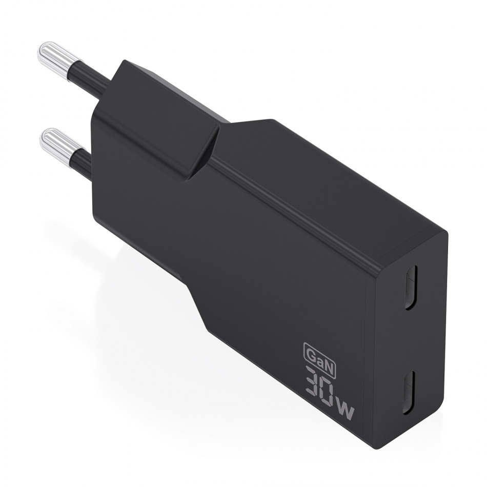 AISENS - CARGADOR ULTRA DELGADO GaN 30W, 2xUSB-C PD3.0, NEGRO