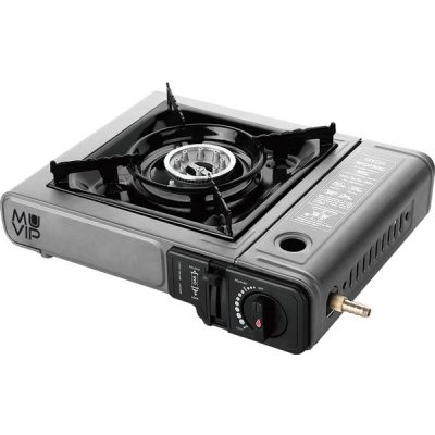 Cocina de gas portátil Muvip 1 fuego - Con adaptador para botella externa | Encendido automático | Quemador de aluminio | Válvula de doble sellado | Maleta de transporte