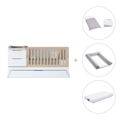 Cuna convertible blanco/madera 70x140 cm con cajón inferior + colchón + textil Carezza · Zen K460