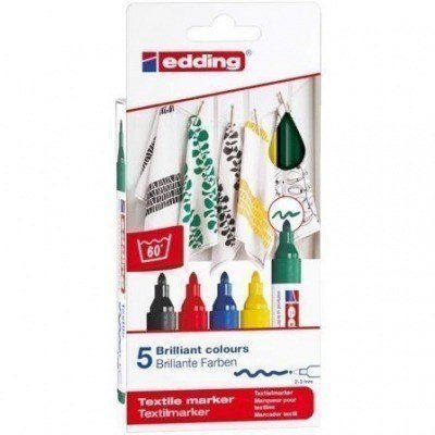 ESTUCHE 5 MARCADORES TEXTILES EDDING 4500/5S - PUNTA REDONDA - RESISTENTE AL LAVADO - TRAZO 2-3MM - COLORES BÁSICOS