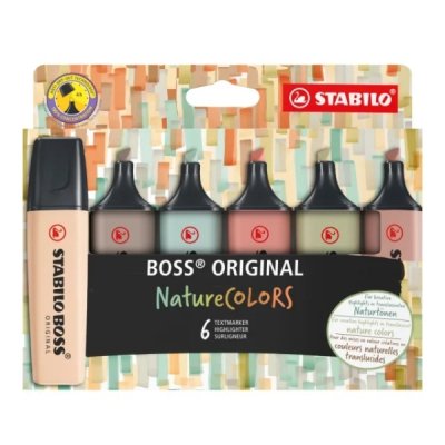 Stabilo Boss Naturecolors Pack de 6 Marcadores - Trazo entre 2 y 5mm - Tinta con Base de Agua - Colores Siena, Beige, Ocre Oscuro, Gris Calido, Verde Barro y Verde Tierra