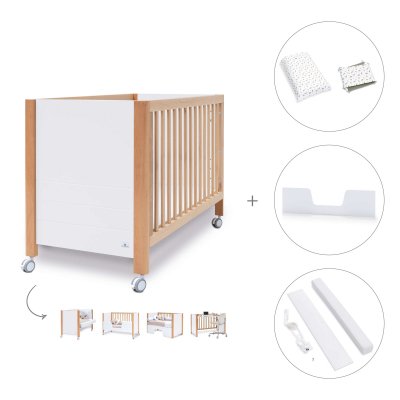 Cuna-escritorio madera/blanco (5en1) 60x120 cm + textil Natura · Ombra